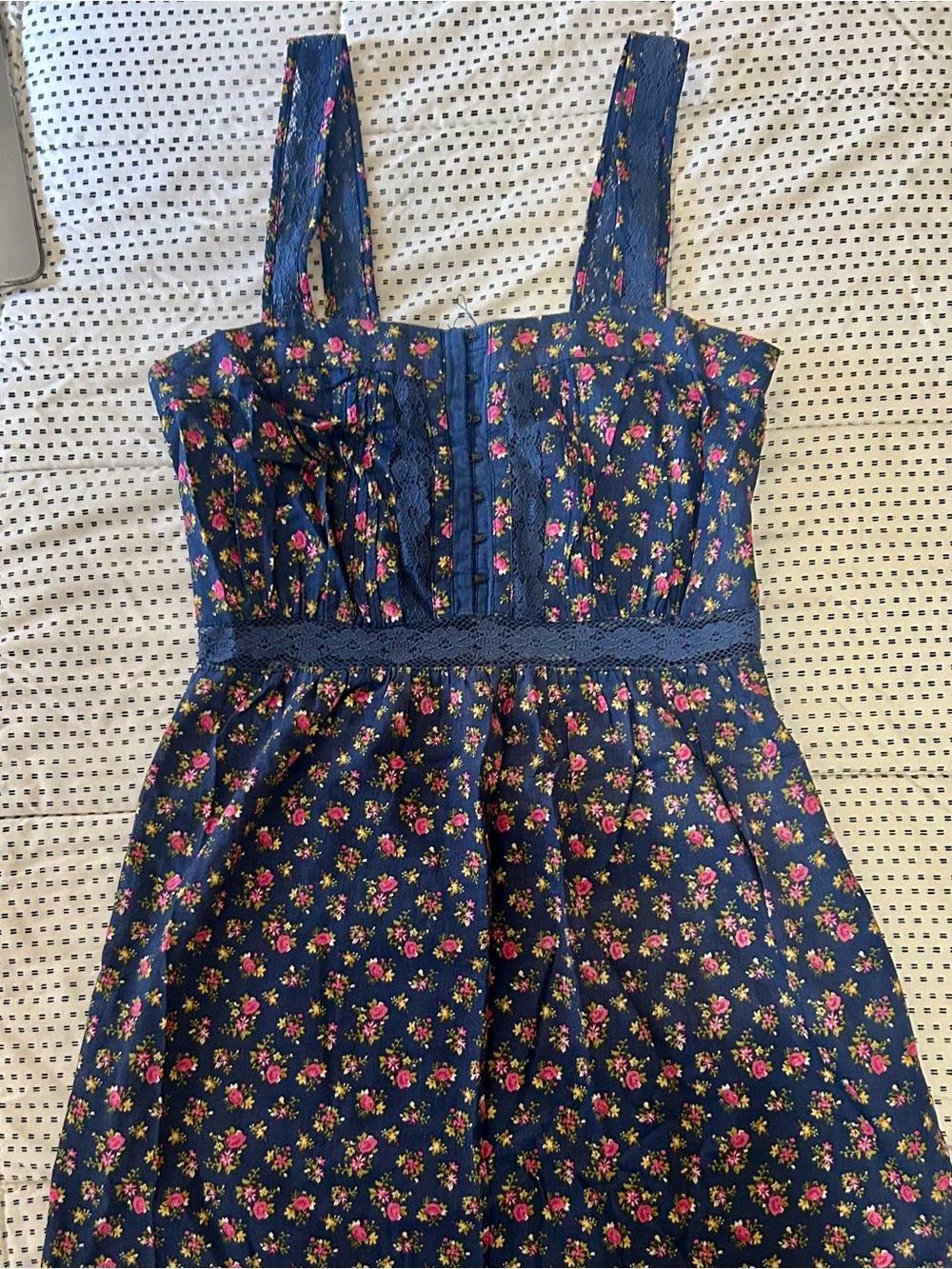 Navy Floral Mini Dress with Pink Rose Accents